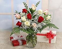 Rainbow Mixed Roses with Vase