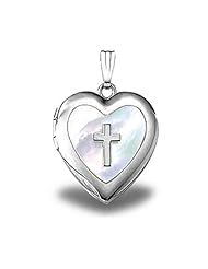 Sterling Silver Heart Mother of Pearl Cross Locket 3/4 in x 3/4 inch in Sterling Silver