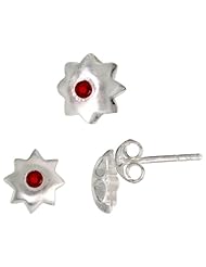 Sterling Silver Matte-finish Star Stud Earrings (7mm) & Pendant Slide (8mm) Set, w/ Brilliant Cut Ruby-colored CZ Stones