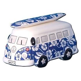 Camper Van Money Box VW ceramic Model Gift Blue Flowers