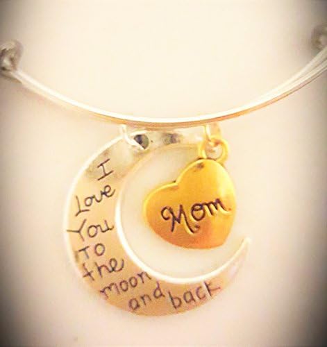 Gift for Mom - Two Toned Half Moon and Heart "Mom I Love You to the Moon and Back" Charm Bracelet