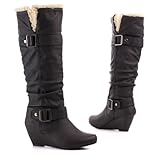 Damen Schuhe, STIEFEL, BOOTS MIT KUNST FELL UND KEIL, KA-75, Synthetik in hochwertiger Leder Optik, Schwarz, Gr 39