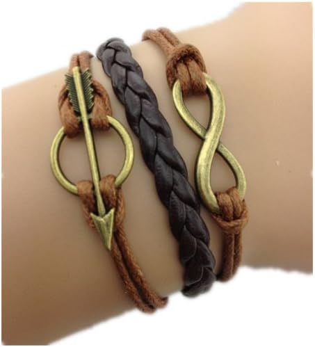 Healthtop Handmade Infinity Love Arrow Copper Brown Leather Rope Wrap Bracelet Fashion Jewelry