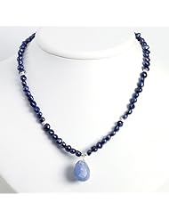 Sterling Silver 16in Blue Agate/Dark Blue Cultured Pearl Necklace