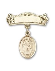 Gold Filled Baby Badge with St. Ann Charm and Arched Polished Badge Pin