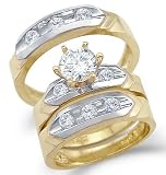 14k 2 Tone Gold Matching CZ Engagement Wedding His and Hers Trio Three Piece Ring Set Round Cut