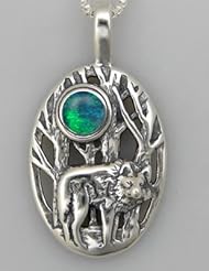 Sterling Silver Winter Wolf Accented with Genuine Opal Triplet Made in America