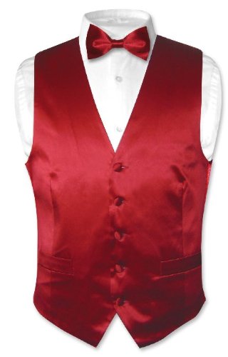 Biagio Men's Solid DARK RED SILK Dress Vest Bow Tie Set for Suit or Tuxedo