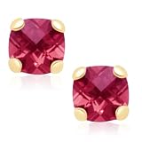 10k Yellow Gold Checker Board Cushion Cut Created Ruby Stud Earrings