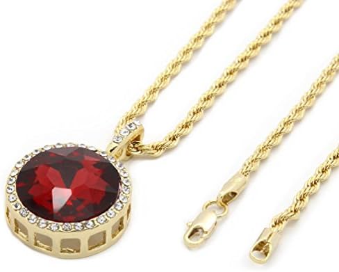 TDmall Mens Gold Tone Iced Out Red Ruby Round Pendant Hip-Hop 24" Rope Chain M3
