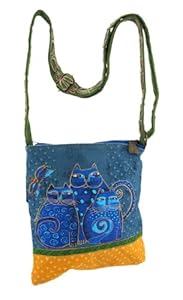 Laurel Burch Crossbody Tote with Zipper Top, Indigo Cats