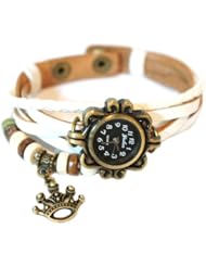 White Leather Antique Gold Bronze Crown with Wood Beads Bohemian Bracelet wrist watch 7" to 8 1/4"