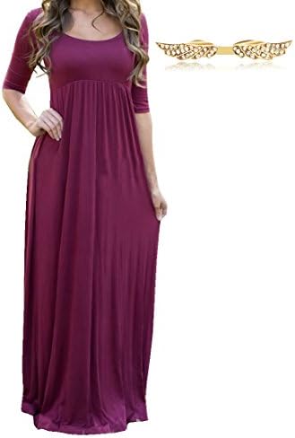 Tyyliks Women's 3/4 Sleeve Empire Waist Solid Scoop Neck Long Maxi Dress