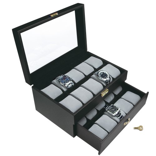 Black Watch Display Case with Key Lock Clear Glass Top and 20 Watch