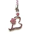Cell Phone Mobile Camera Charm Strap Beautiful Silver Heart with Pink Diamond Flower