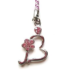 Cell Phone Mobile Camera Charm Strap Beautiful Silver Heart with Pink Diamond Flower