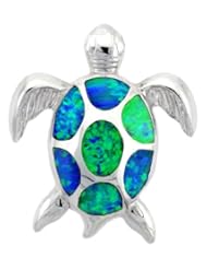 Sterling Silver Sea Turtle Pendant, Synthetic Opal Inlay, 1 inch Tall