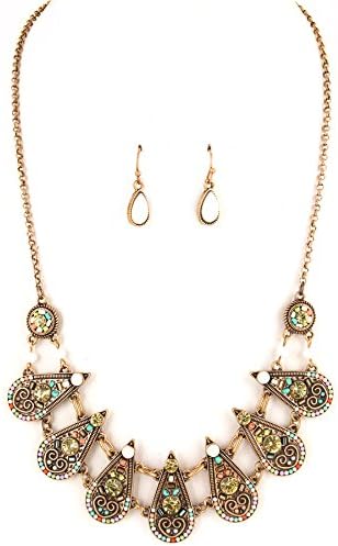 Bling Bar Glass Stone Teardrop Linked Necklace Set (IVORY MULTI)