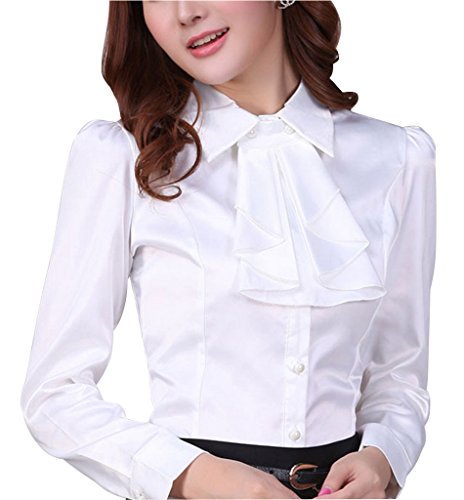 DPO Women's Chiffon Slim Elegant Ruffle Founcing Front Shirt Long Sleeve Blouse