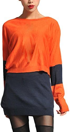 Parabuy Women's Fake Two Pieces Contrast Color Boat Neck Elastic Long Tops, Orange, 4