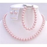 Ns312 Necklace Earring Bracelet Pink Pearls Complete Set Bridemaids Wedding Inexpensive