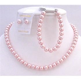Ns312 Necklace Earring Bracelet Pink Pearls Complete Set Bridemaids Wedding Inexpensive