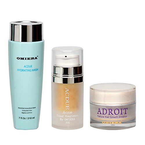 Omiera Labs Acdue Acne Treatment (1.0 FL. oz.) + Adroit Hair Growth Inhibitor Cream (1.0 FL. oz.) + Acdue Face Wash (7.0 FL. oz.) Skin Care Set By Omiera Labs