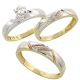 10k Gold 3-Piece Trio His (4.5mm) & Hers (4mm) Diamond Wedding Band Set w/ Rhodium Accent, w/ 0.15 Carat Brilliant Cut Diamonds; (Ladies Size 5 to10; Men's Size 8 to 14)