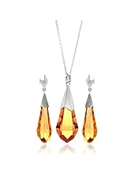 Nickel Free Sterling Silver Necklace & Earring Sets Champagne Cubic Zirconia Stone Hanging Set Pendant 14Mm X 39Mm Earring 10Mm X 31Mm Chain Adjustable 16"-18"