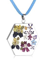 Sterling Silver Pressed Flower Pentagon Pendant Necklace on Suede Cord, 16"