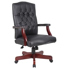 Boss Traditional Executive Black Caressoft Chair With Mahogany Finish Black