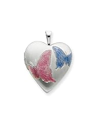 925 Sterling Silver 20mm with Enameled Butterflies Heart Locket - Chain Included
