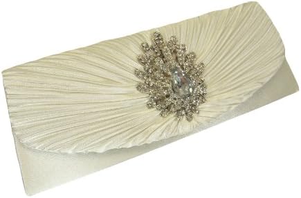 Ivory Satin with Rhinestone Brooch Clutch Evening Bag Shoulder Bag