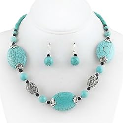 Silvertone and Imitation Turquoise Stone Necklace and Earrings Set