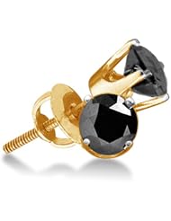 10K Yellow and White Two 2 Tone Gold Round Brilliant Cut Black Diamond - Classic Traditional 1 One Single Stone Solitaire Shape Prong Set Studs Earrings with Secure Screw Back Closure - (1.50 cttw.)