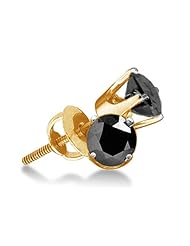 14K Yellow and White Two 2 Tone Gold Round Brilliant Cut Black Diamond - Classic Traditional 1 One Single Stone Solitaire Shape Prong Set Studs Earrings with Secure Screw Back Closure - (1.50 cttw.)