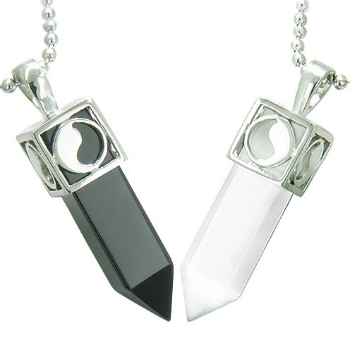 Positive Energy Yin Yang Love Couple Set Magic Amulets Crystal Points Black Onyx White Cats Eye Stainless Steel Necklaces