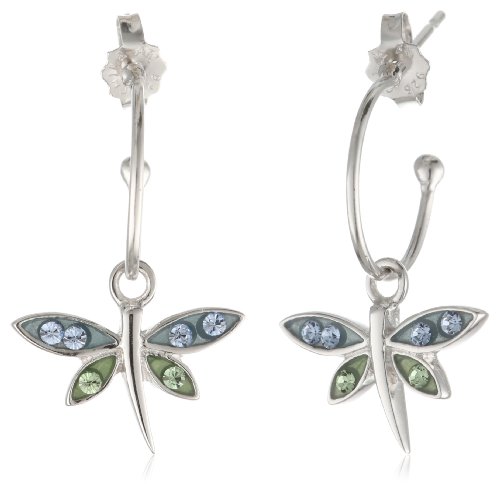 Sterling Silver Blue and Green Crystal Dragonfly Charm Hoop Earrings (0.4" Diameter)