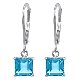 14k White Gold 6mm Blue Topaz Square Dangle Leverback Earring