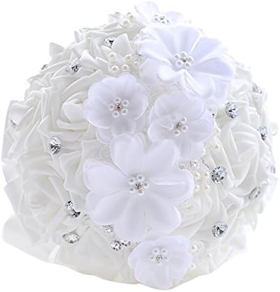 Rinzony Peals and Rhinestone White Wedding Bouquet Wedding Bridal Flowers