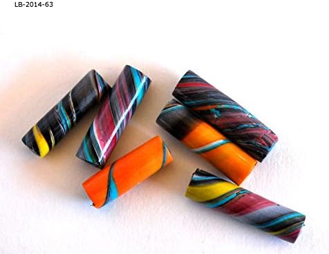 6 Blue and Orange Polymer Clay Beads Handmade Striped Tubes