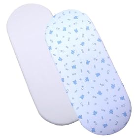 Pack of 2 Fitted Moses Basket Sheets 100% Cotton - 1 White &amp; 1 Blue Teddy Design