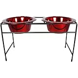 Platinum Pets Modern Double Diner Stand with Two 8 Cup Rimmed Bowls, Red