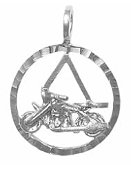 Alcoholics Anonymous AA Symbol Pendant #832-3, Sterling Silver, AA Symbol in a Diamond Cut Circle with a Harley Motorcycle