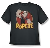 Popeye - Retro Ring Youth T-Shirt In Charcoal, Size: Large (14-16), Color: Charcoal