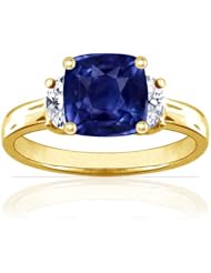 14K Yellow Gold Cushion Cut Blue Sapphire Three Stone Ring