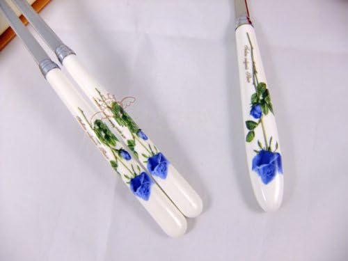 Stainless Steel Chopsticks and Spoon bone china Handle with Blue Roses in Gift Box