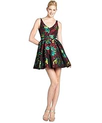 V-neck Sleeveless Flared-Skirt Jacquard Floral Print Cocktail Taffeta Natural   Waistline  Dress
