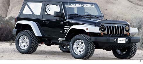 2007 JK Wrangler 2 Dr.-Step down design Xenon Fender Flare Kit with Front Flare Extensions. (1.6 wider than stock flares) Fits X and Sahara Models.