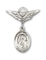 Sterling Silver Baby Badge with St. Paul the Apostle Charm and Angel with Wings Badge Pin